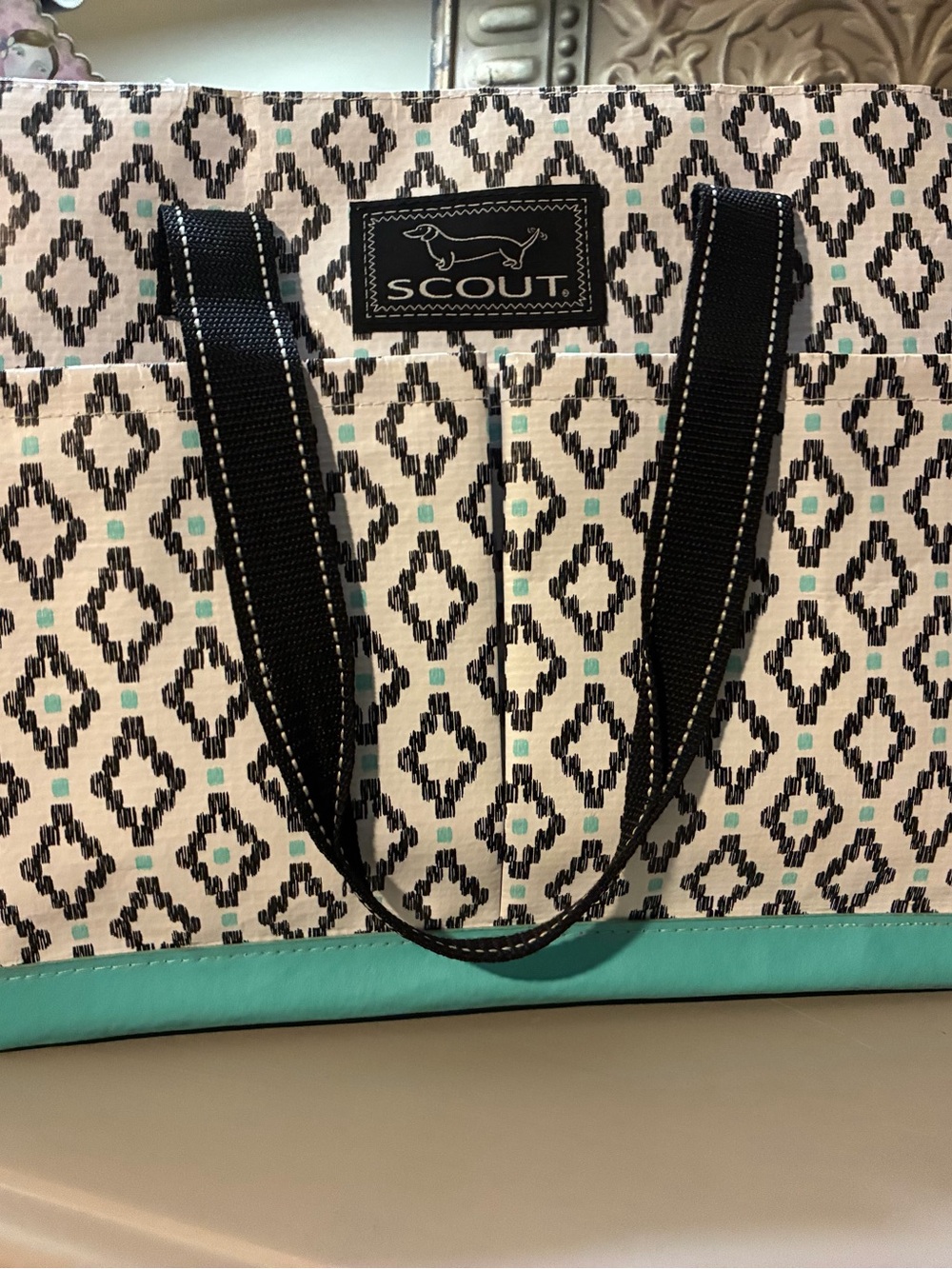 SCOUT Cream & Turquoise Patterned Tote with Black Handles